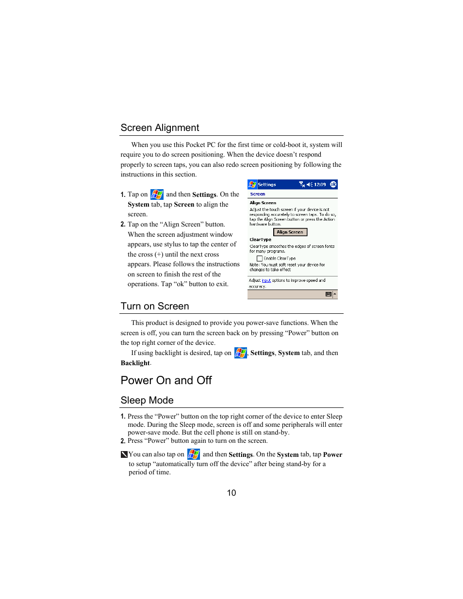 Power on and off, Screen alignment, Turn on screen | Sleep mode | Opticon PHL 5300 Quickstart Guide User Manual | Page 12 / 25