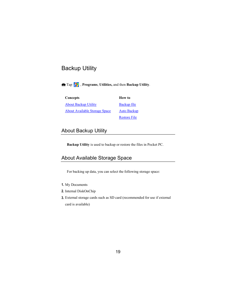 Backup utility, About backup utility, About available storage space | Opticon PHL 5300 Quickstart Guide User Manual | Page 21 / 25