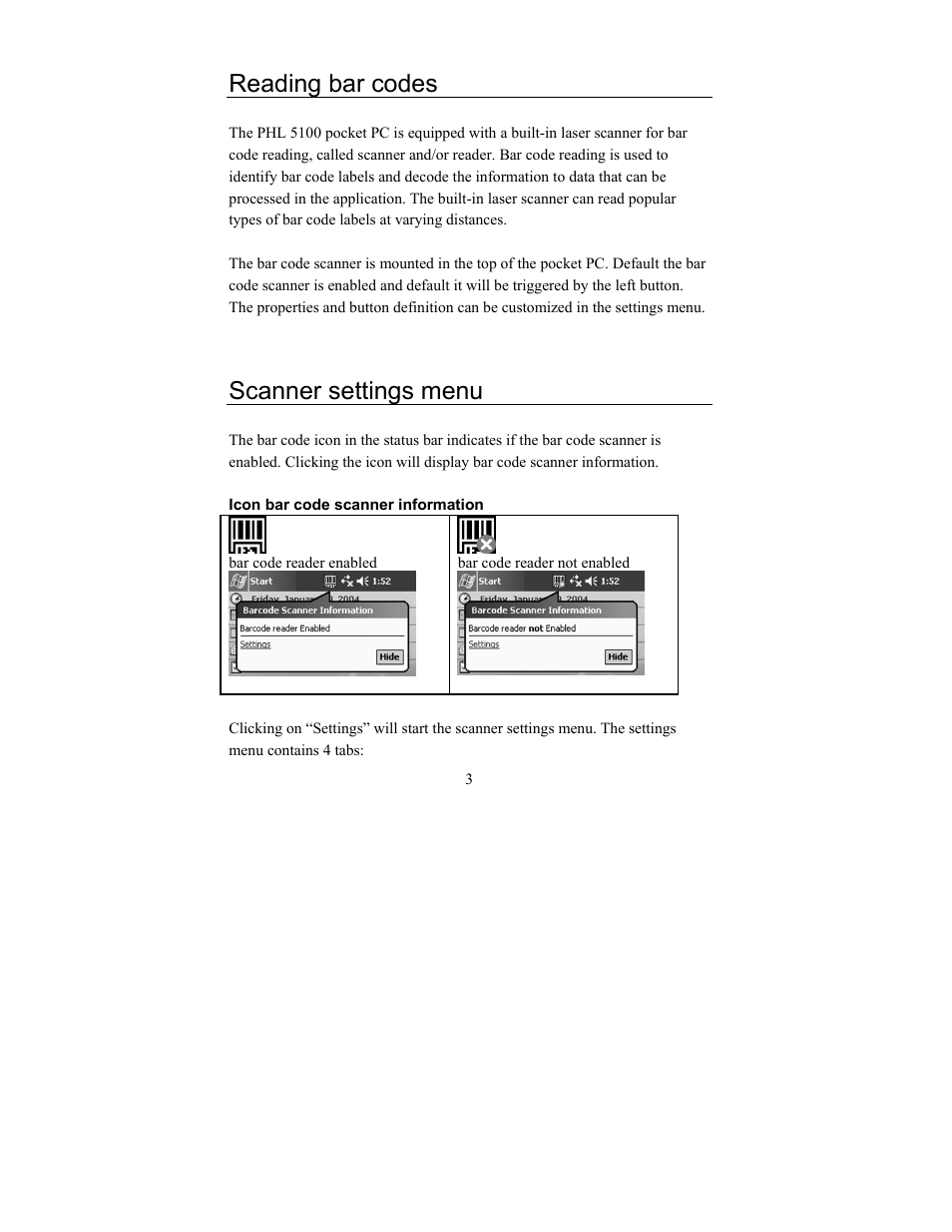 Reading bar codes, Scanner settings menu | Opticon PHL 5200 addendum User Manual | Page 3 / 7