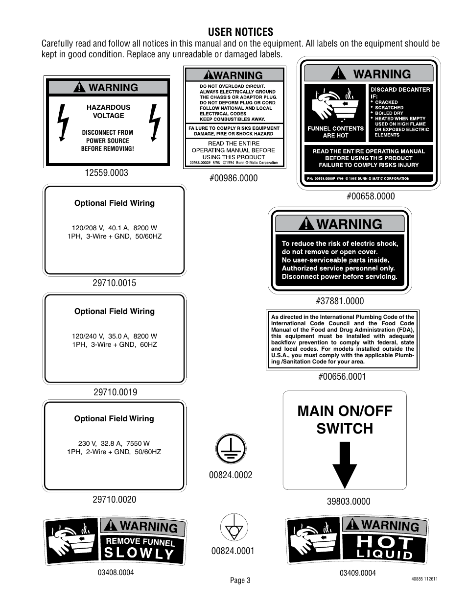 Main on/off switch, User notices, Warning | Bunn Titan Single 40885.0000E User Manual | Page 3 / 9