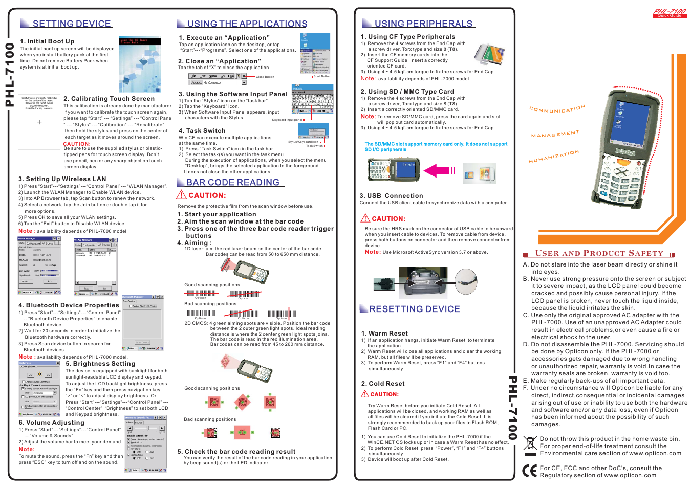 Resetting device, Resetting device setting device setting device, Using the applications | Bar code reading, Using peripherals, Phl-7100, User and product safety | Opticon PHL 7100 Quick Guide User Manual | Page 2 / 2