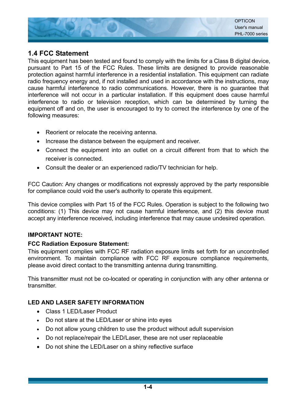 4 fcc statement | Opticon PHL 7200 User Manual User Manual | Page 10 / 168