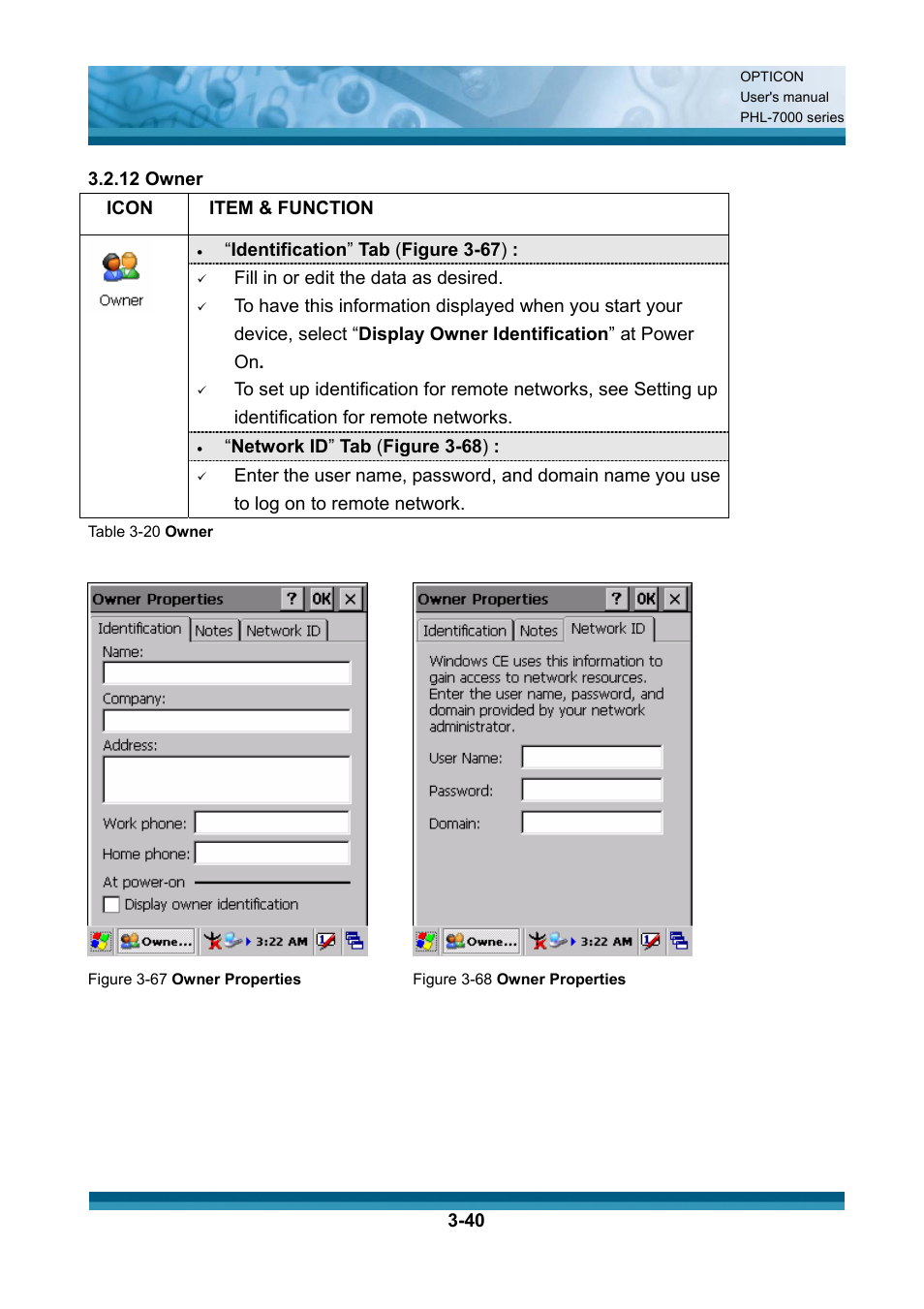 Item & function, Identification ” tab ( figure 3-67 ), Fill in or edit the data as desired | Network id ” tab ( figure 3-68 ) | Opticon PHL 7200 User Manual User Manual | Page 103 / 168