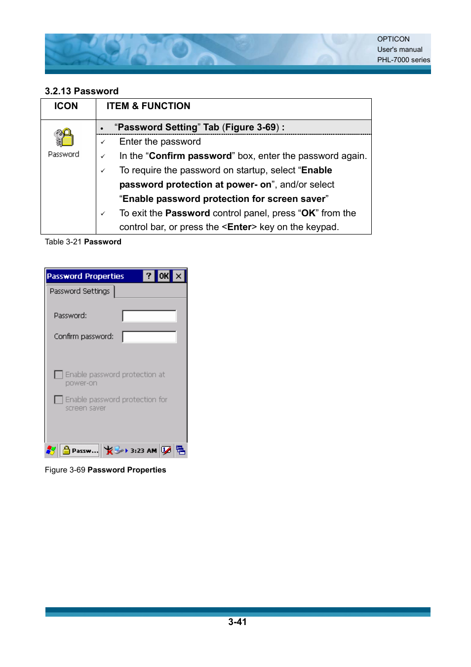 Item & function, Password setting ” tab ( figure 3-69 ), Enter the password | Opticon PHL 7200 User Manual User Manual | Page 104 / 168