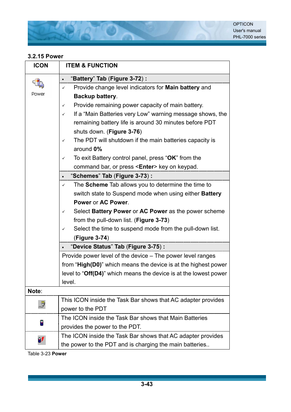 Item & function, Battery ” tab ( figure 3-72 ), Provide remaining power capacity of main battery | Schemes ” tab ( figure 3-73 ), Device status ” tab ( figure 3-75 ) | Opticon PHL 7200 User Manual User Manual | Page 106 / 168