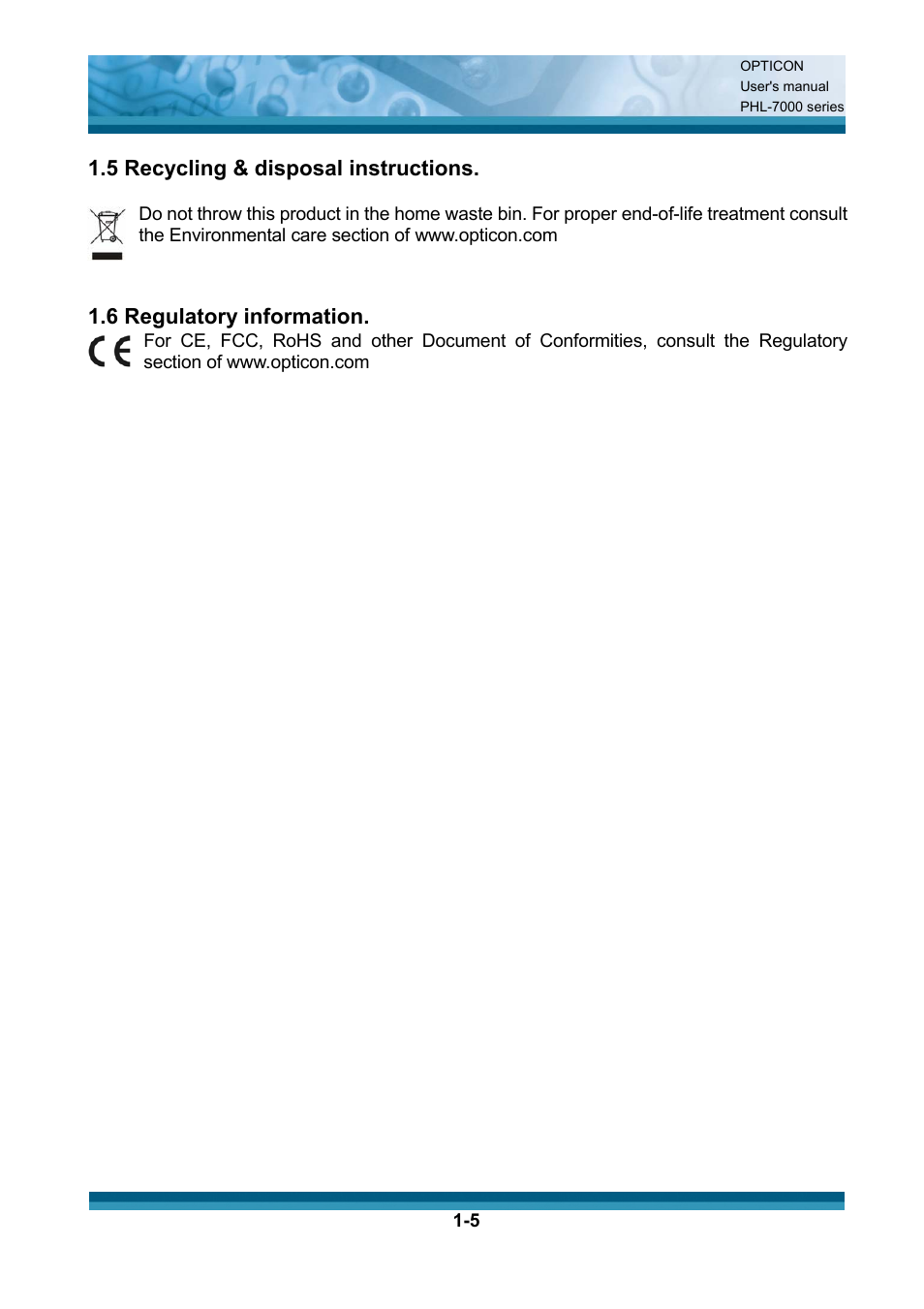 5 recycling & disposal instructions, 6 regulatory information | Opticon PHL 7200 User Manual User Manual | Page 11 / 168