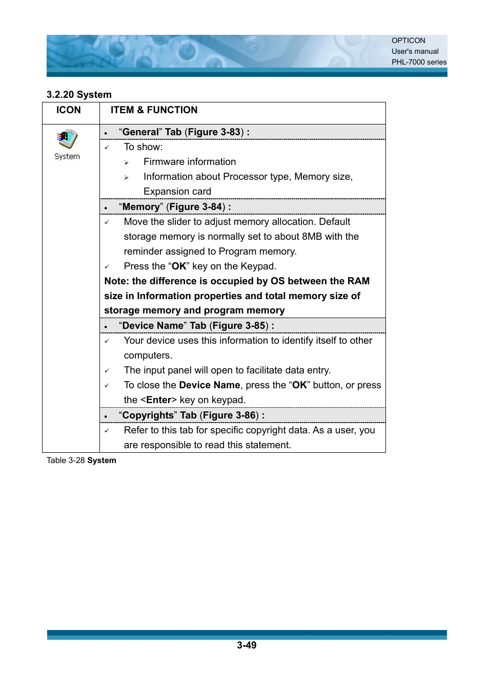 Item & function, General ” tab ( figure 3-83 ), Firmware information | Press the “ ok ” key on the keypad, Device name ” tab ( figure 3-85 ), The input panel will open to facilitate data entry, Copyrights ” tab ( figure 3-86 ) | Opticon PHL 7200 User Manual User Manual | Page 112 / 168