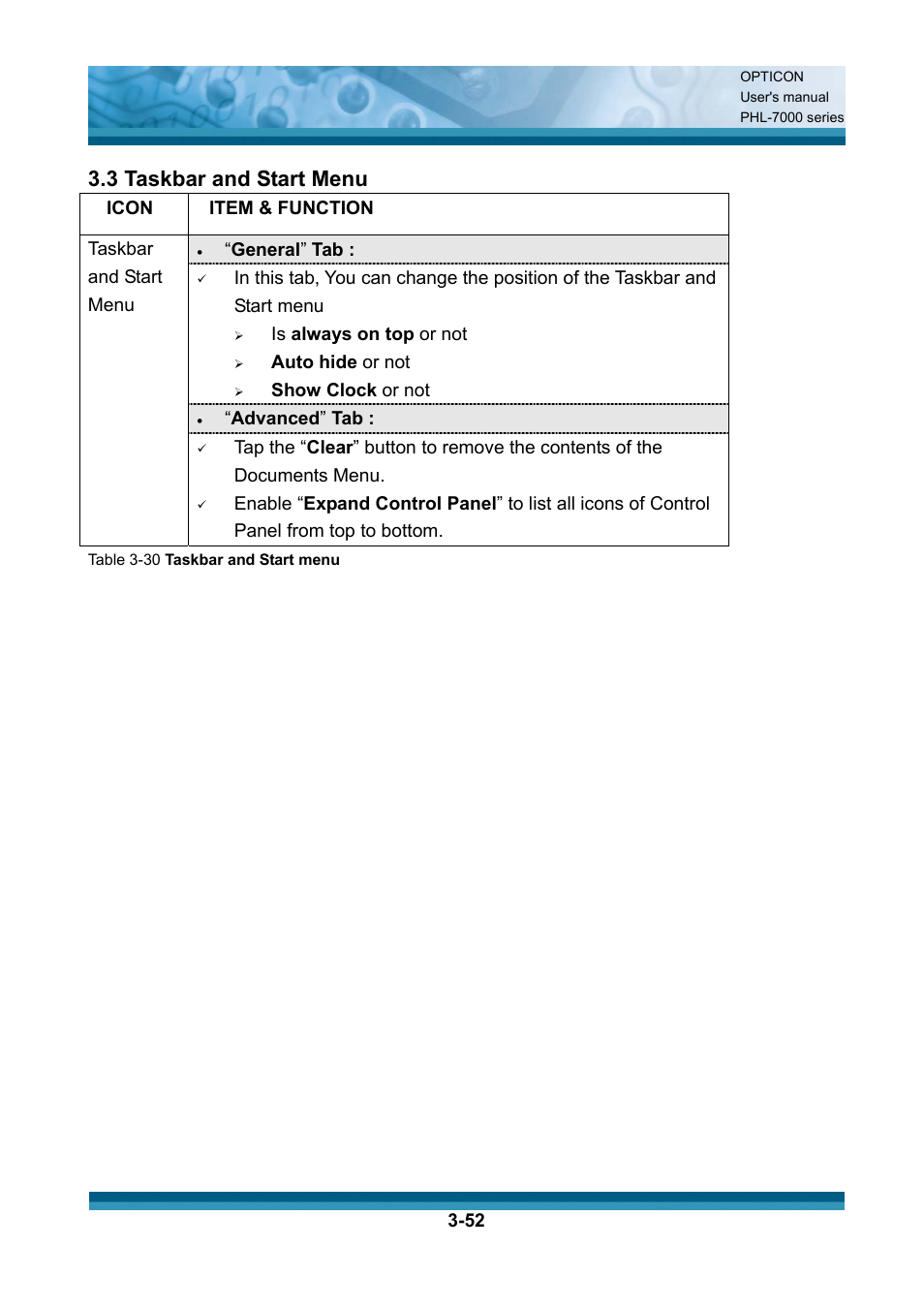 3 taskbar and start menu, Icon, Item & function | General ” tab, Is always on top or not, Auto hide or not, Show clock or not, Advanced ” tab, Taskbar and start menu | Opticon PHL 7200 User Manual User Manual | Page 115 / 168