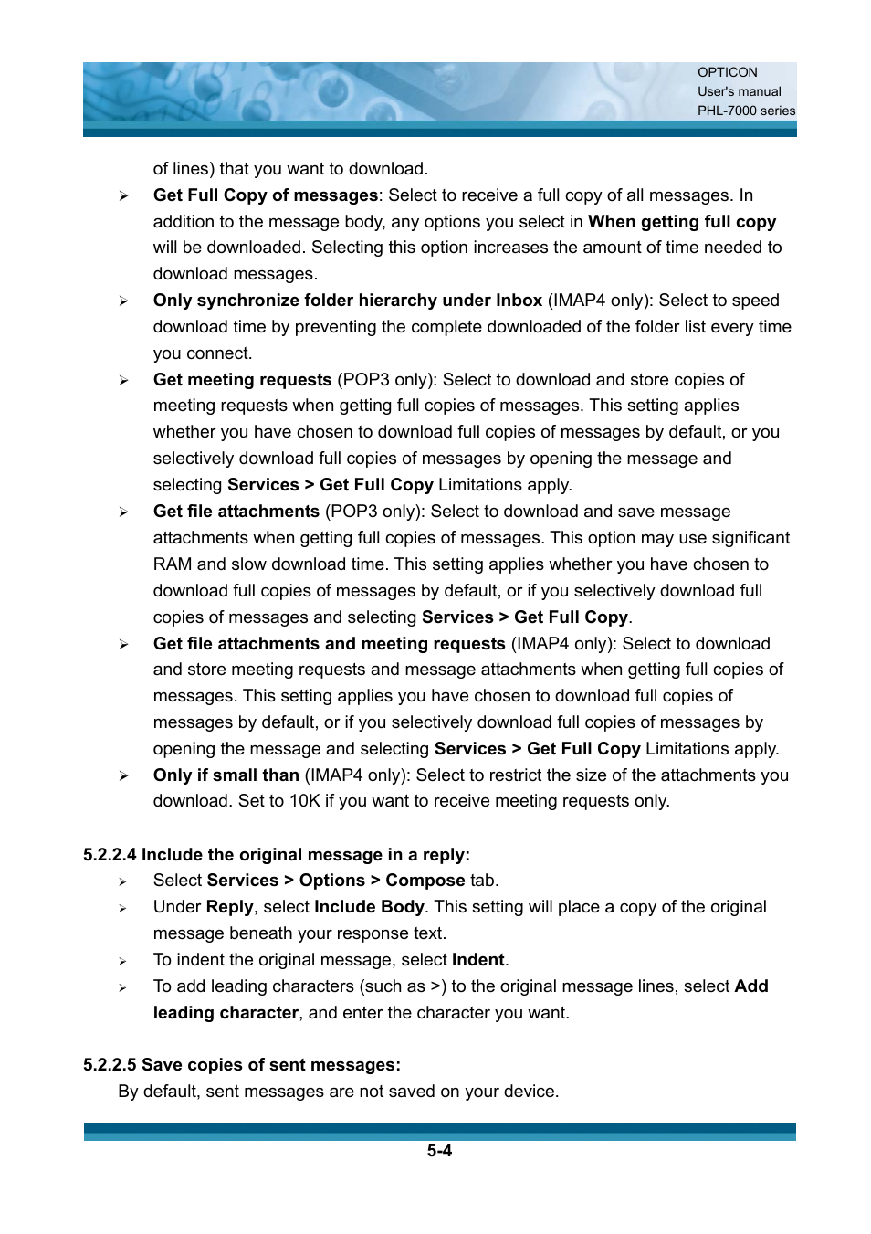 4 of lines) that you want to download, 4 include the original message in a reply, Select services > options > compose tab | 5 save copies of sent messages | Opticon PHL 7200 User Manual User Manual | Page 122 / 168