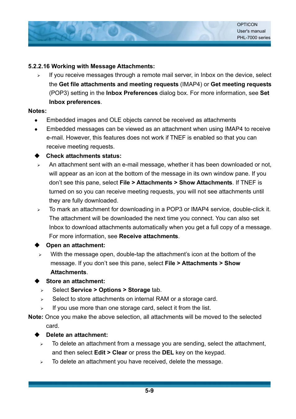 16 working with message attachments, Check attachments status, Open an attachment | Store an attachment, Select service > options > storage tab, Delete an attachment | Opticon PHL 7200 User Manual User Manual | Page 127 / 168