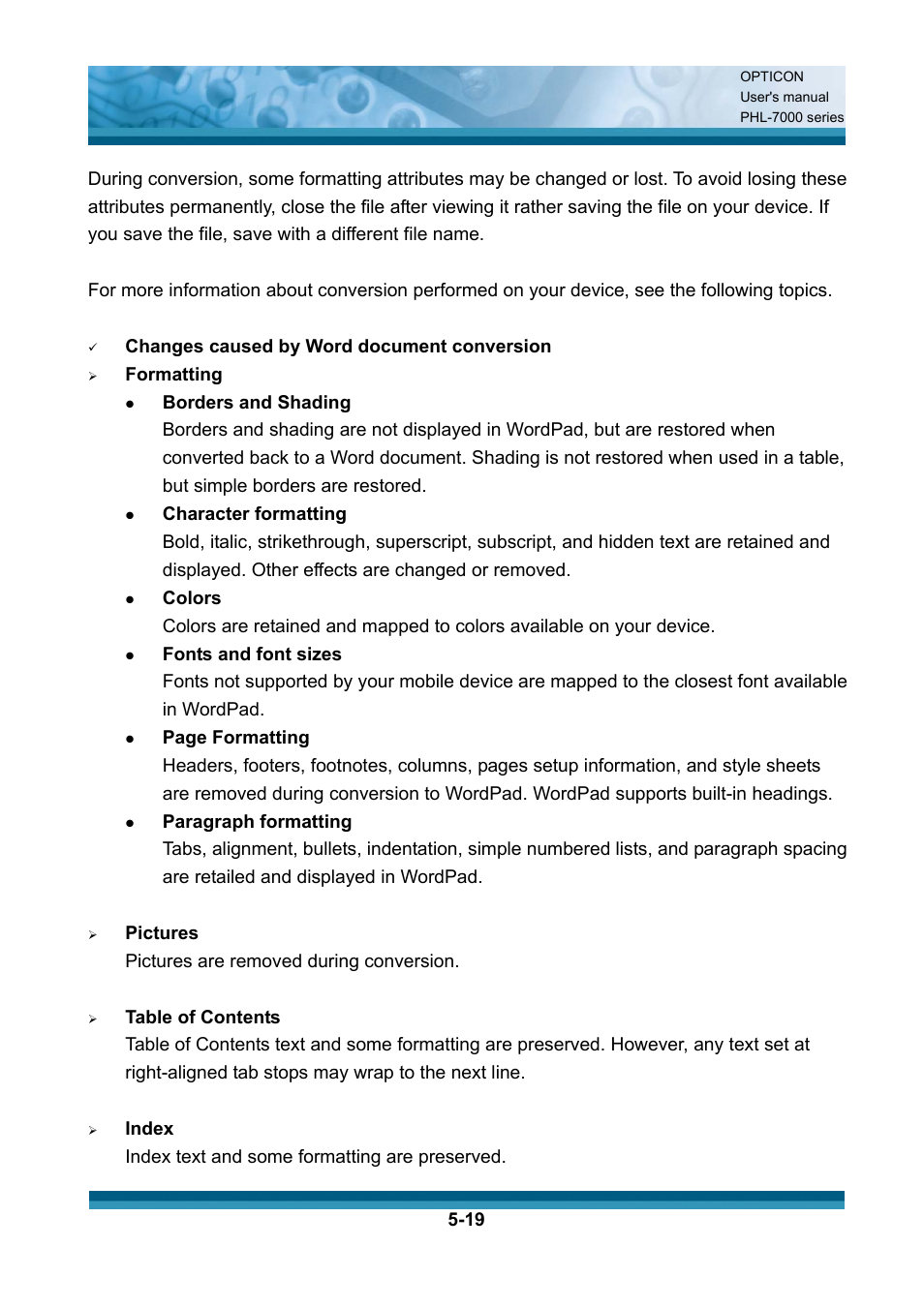 Changes caused by word document conversion, Formatting, Borders and shading | Character formatting, Colors, Fonts and font sizes, Page formatting, Paragraph formatting, Pictures, Pictures are removed during conversion | Opticon PHL 7200 User Manual User Manual | Page 137 / 168