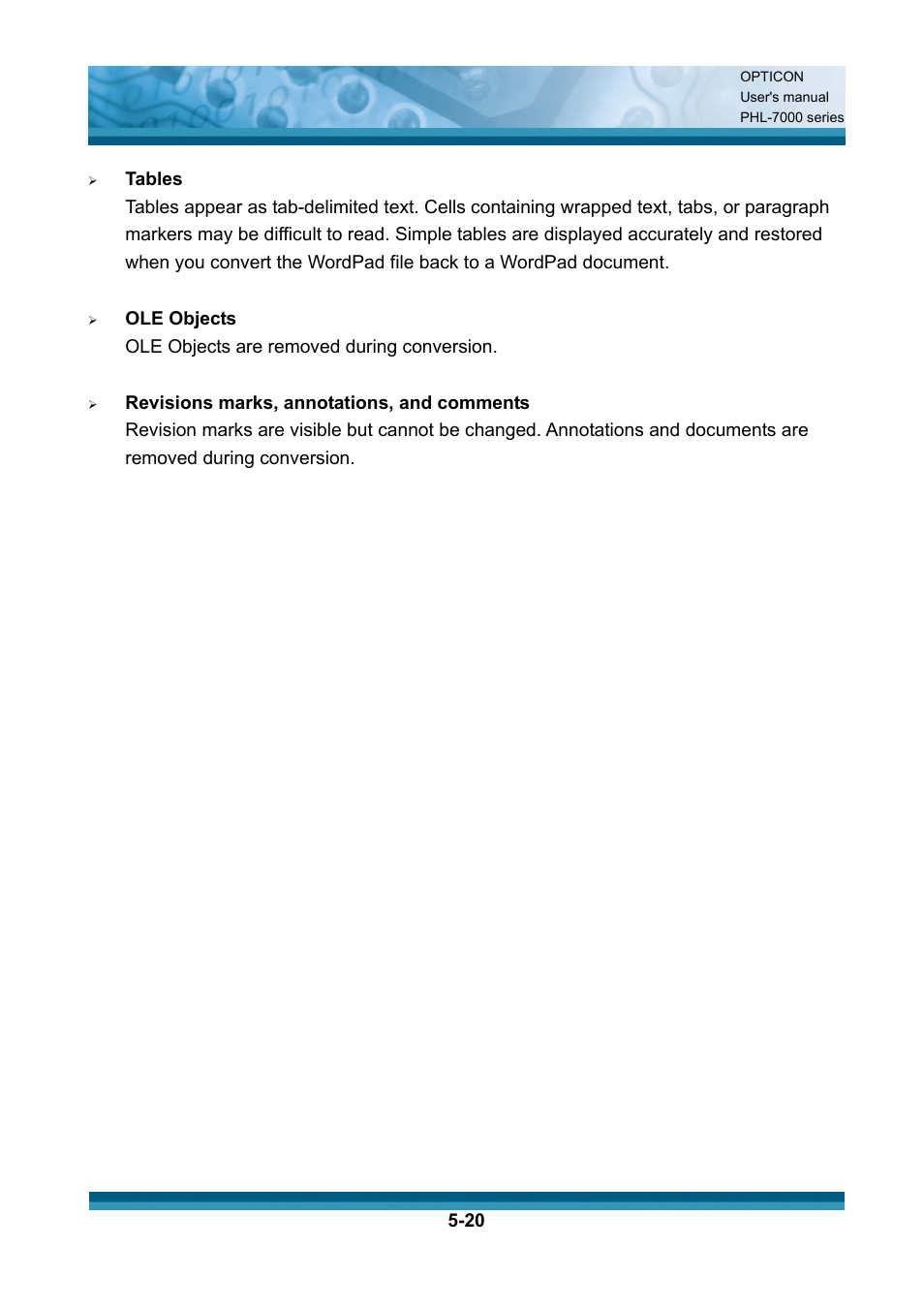 Tables, Ole objects, Ole objects are removed during conversion | Revisions marks, annotations, and comments | Opticon PHL 7200 User Manual User Manual | Page 138 / 168