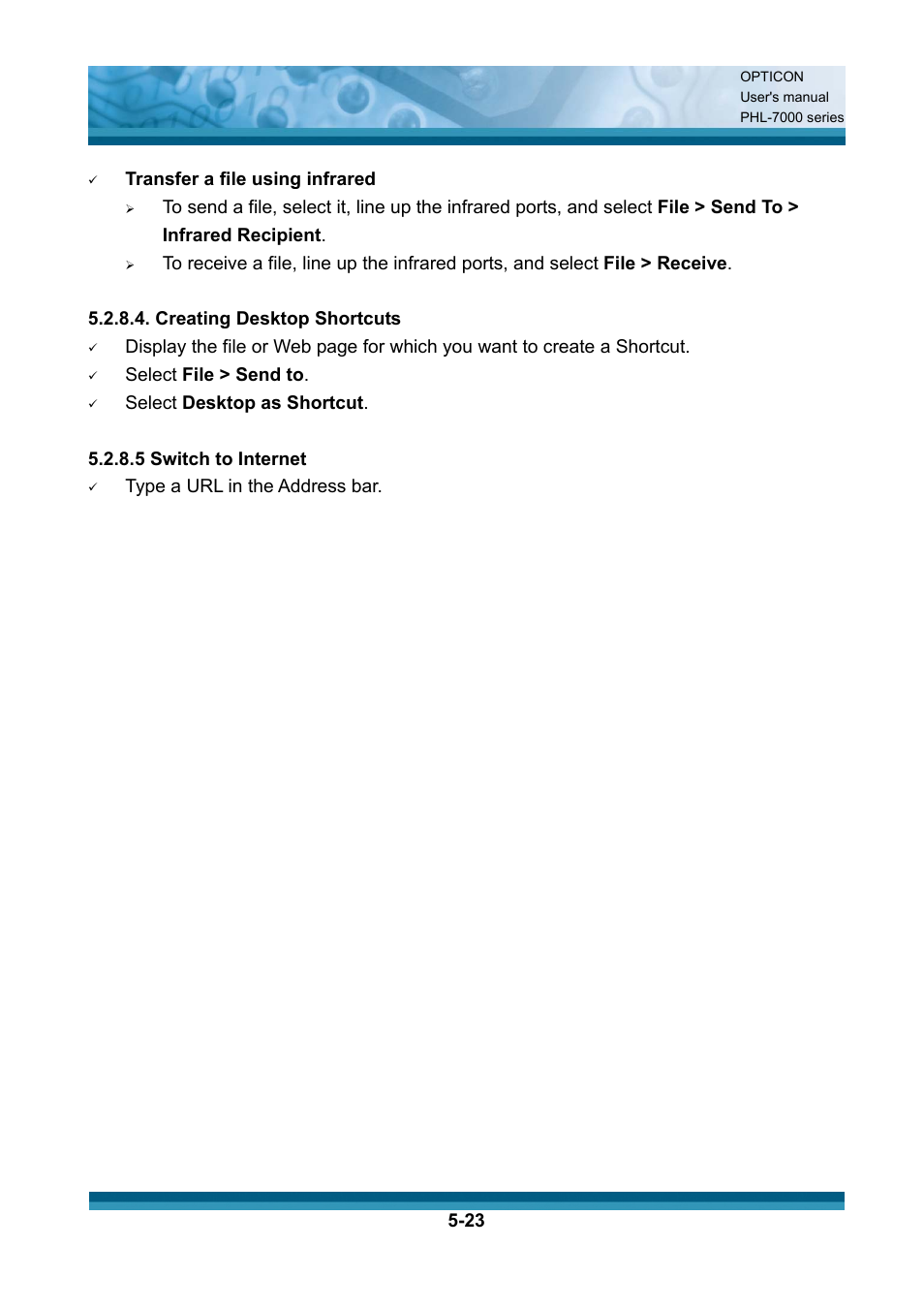 Transfer a file using infrared, Creating desktop shortcuts, Select file > send to | Select desktop as shortcut, 5 switch to internet, Type a url in the address bar | Opticon PHL 7200 User Manual User Manual | Page 141 / 168