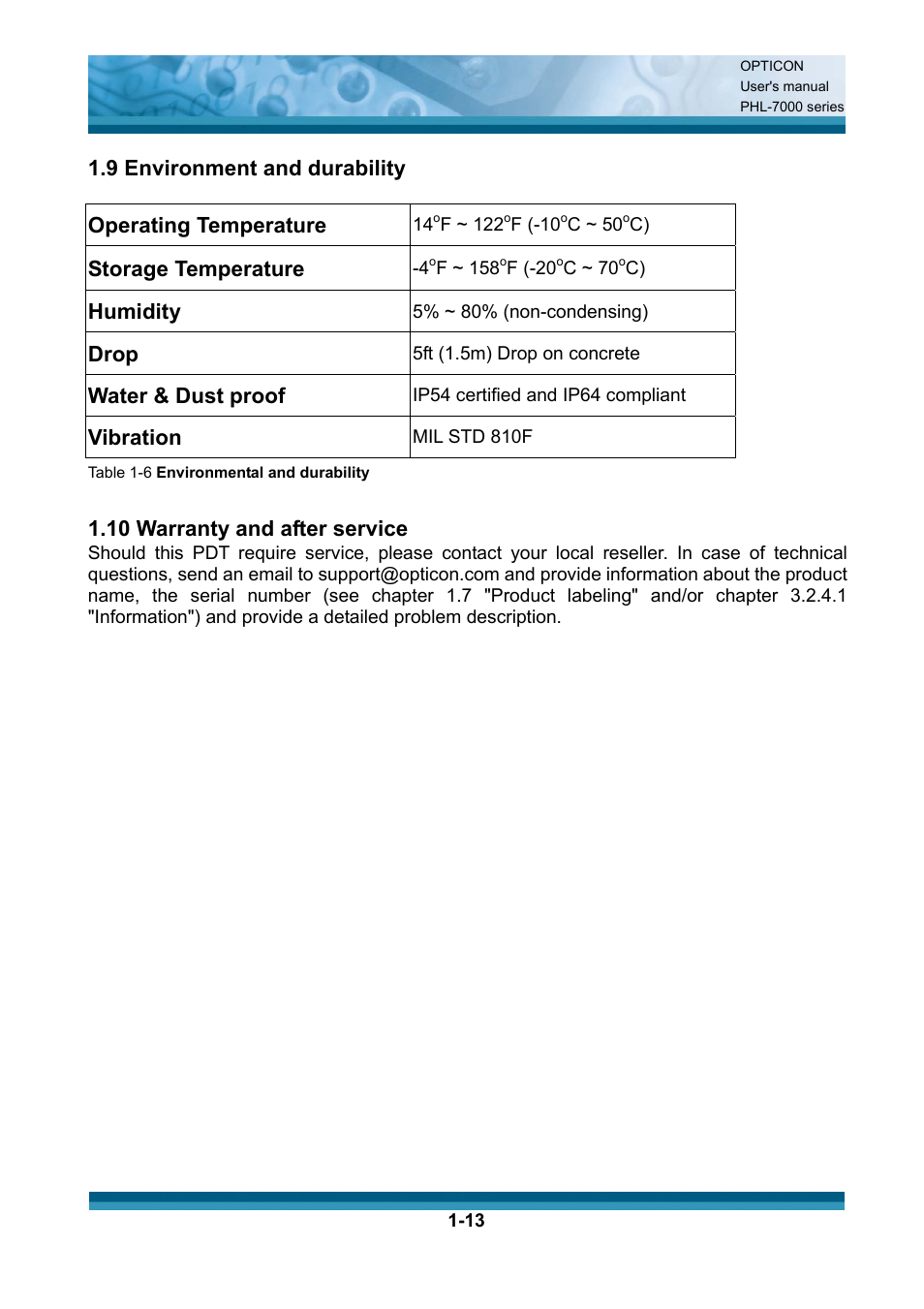 9 environment and durability, Operating temperature, Storage temperature | Humidity, Drop, Water & dust proof, Vibration, 10 warranty and after service | Opticon PHL 7200 User Manual User Manual | Page 19 / 168