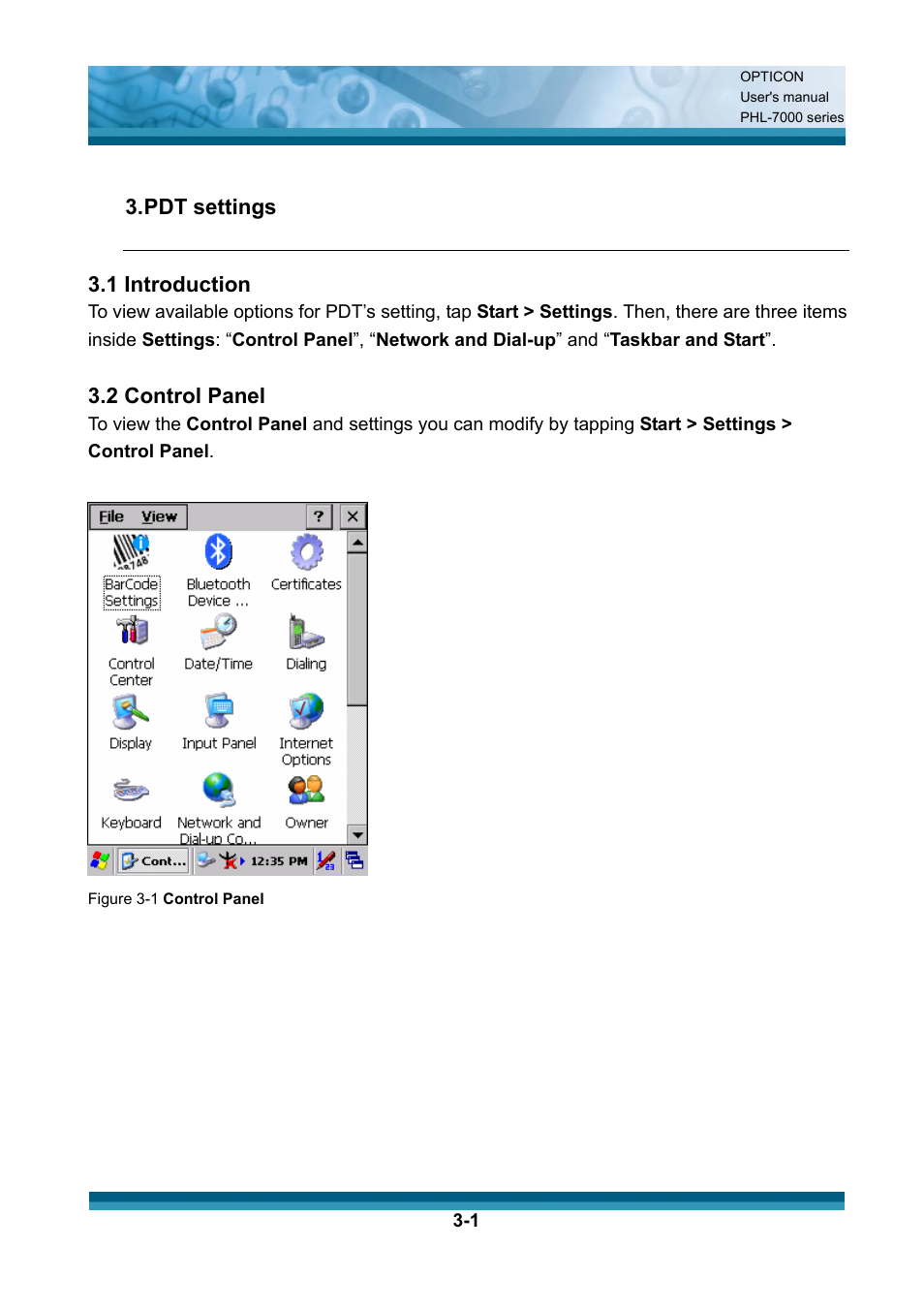 Pdt settings 3.1 introduction, 2 control panel | Opticon PHL 7200 User Manual User Manual | Page 64 / 168