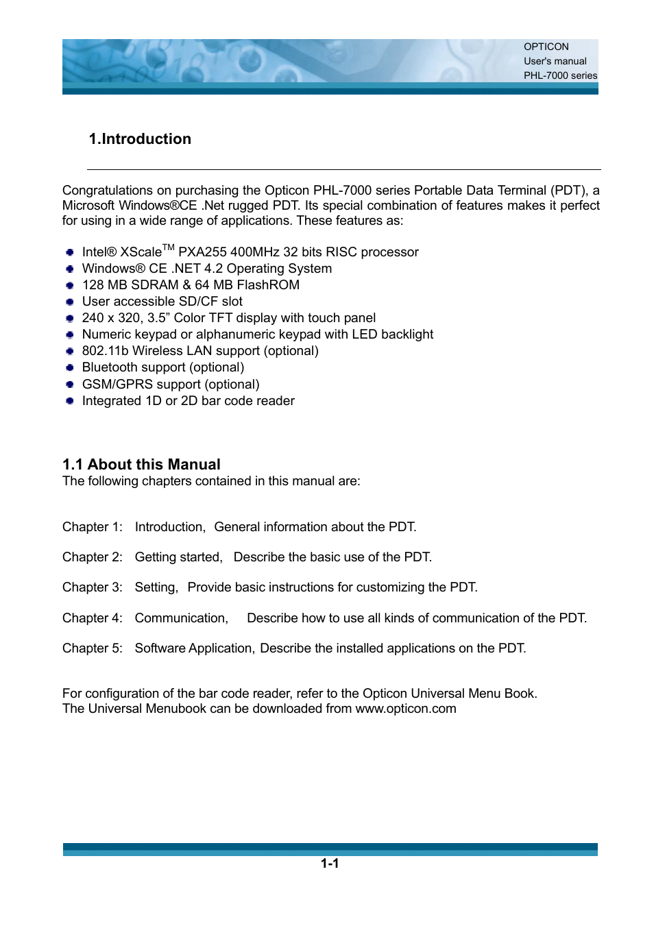 Introduction, 1 about this manual | Opticon PHL 7200 User Manual User Manual | Page 7 / 168