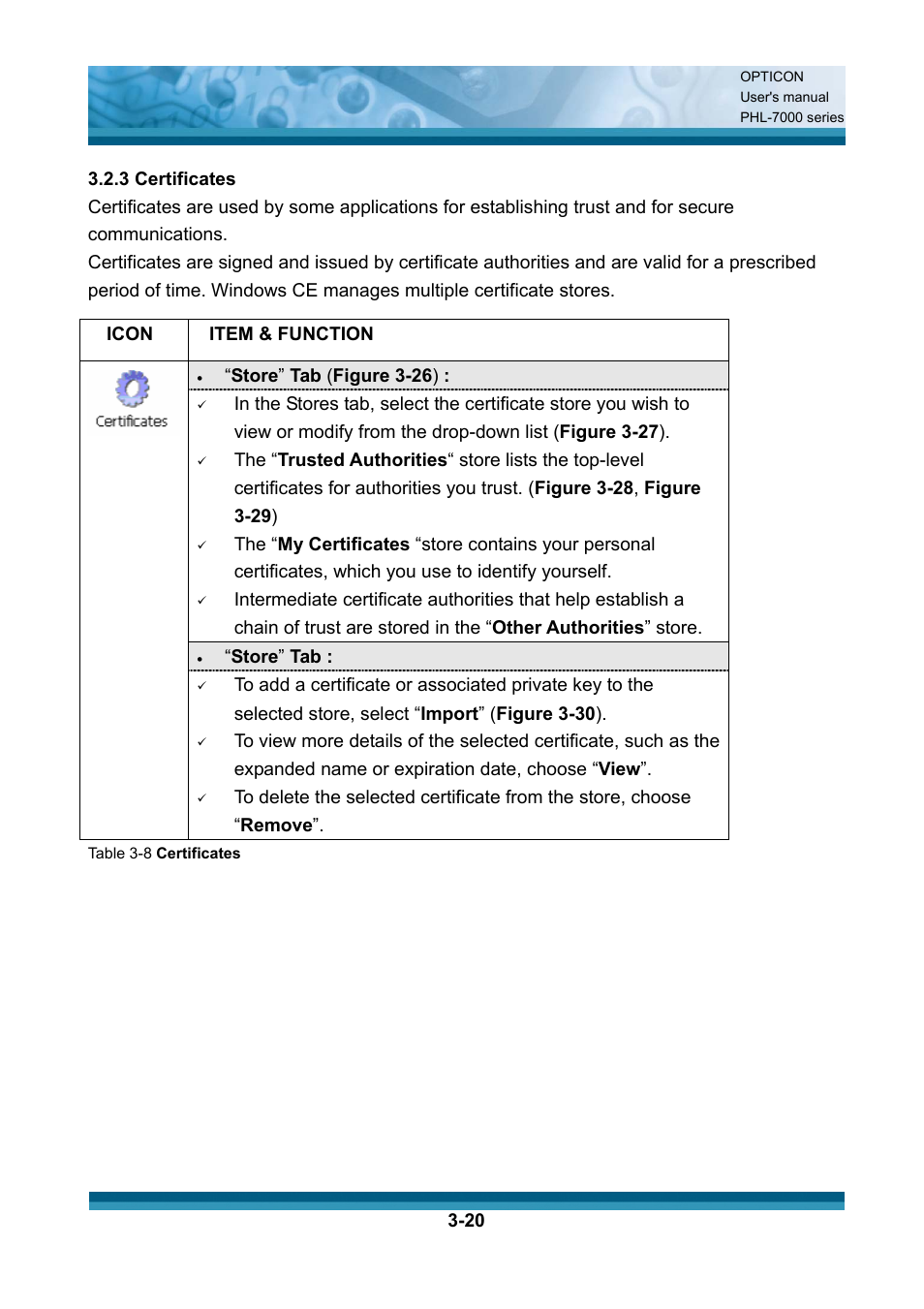 Icon, Item & function, Store ” tab ( figure 3-26 ) | Store ” tab | Opticon PHL 7200 User Manual User Manual | Page 83 / 168