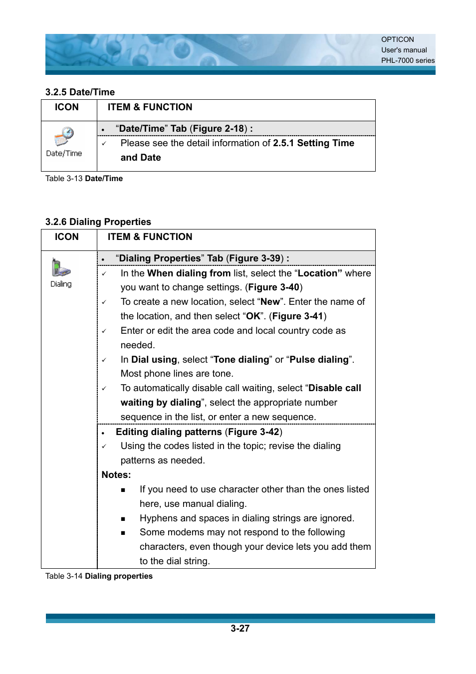 Item & function, Date/time ” tab ( figure 2-18 ), 6 dialing properties icon | Dialing properties ” tab ( figure 3-39 ), Editing dialing patterns ( figure 3-42 ), Hyphens and spaces in dialing strings are ignored | Opticon PHL 7200 User Manual User Manual | Page 90 / 168