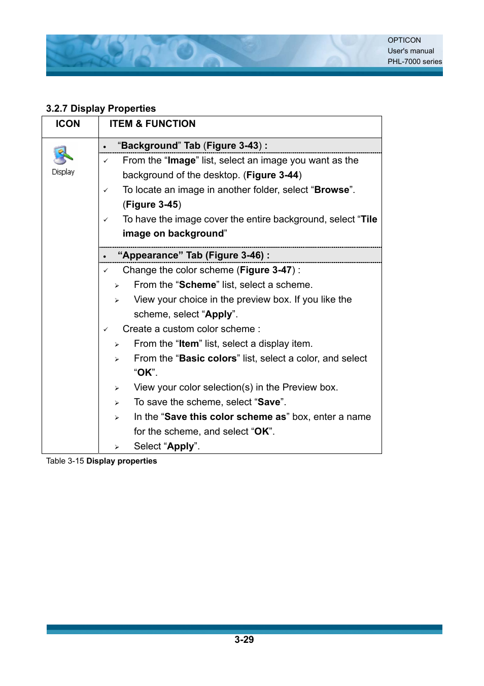 Item & function, Background ” tab ( figure 3-43 ), Appearance” tab (figure 3-46) | Change the color scheme ( figure 3-47 ), Create a custom color scheme, View your color selection(s) in the preview box, Select “ apply | Opticon PHL 7200 User Manual User Manual | Page 92 / 168