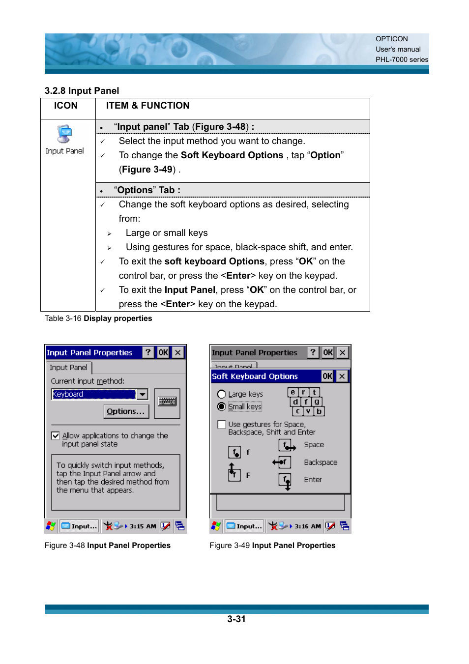 Item & function, Input panel ” tab ( figure 3-48 ), Select the input method you want to change | Options ” tab, Large or small keys | Opticon PHL 7200 User Manual User Manual | Page 94 / 168