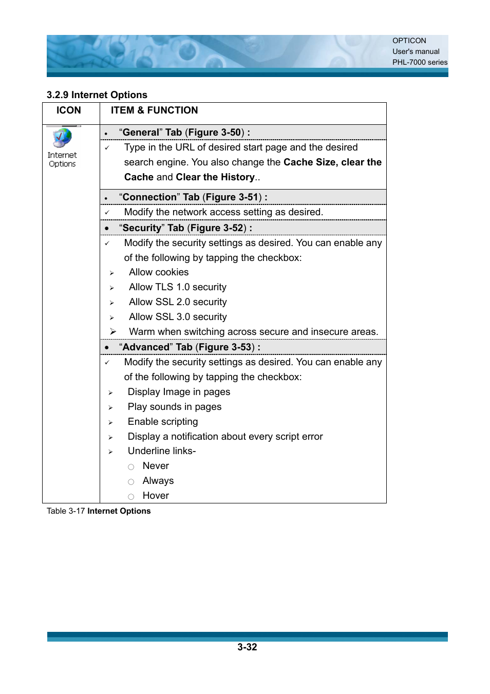 Item & function, General ” tab ( figure 3-50 ), Connection ” tab ( figure 3-51 ) | Modify the network access setting as desired, Security ” tab ( figure 3-52 ), Allow cookies, Allow tls 1.0 security, Allow ssl 2.0 security, Allow ssl 3.0 security, Display image in pages | Opticon PHL 7200 User Manual User Manual | Page 95 / 168