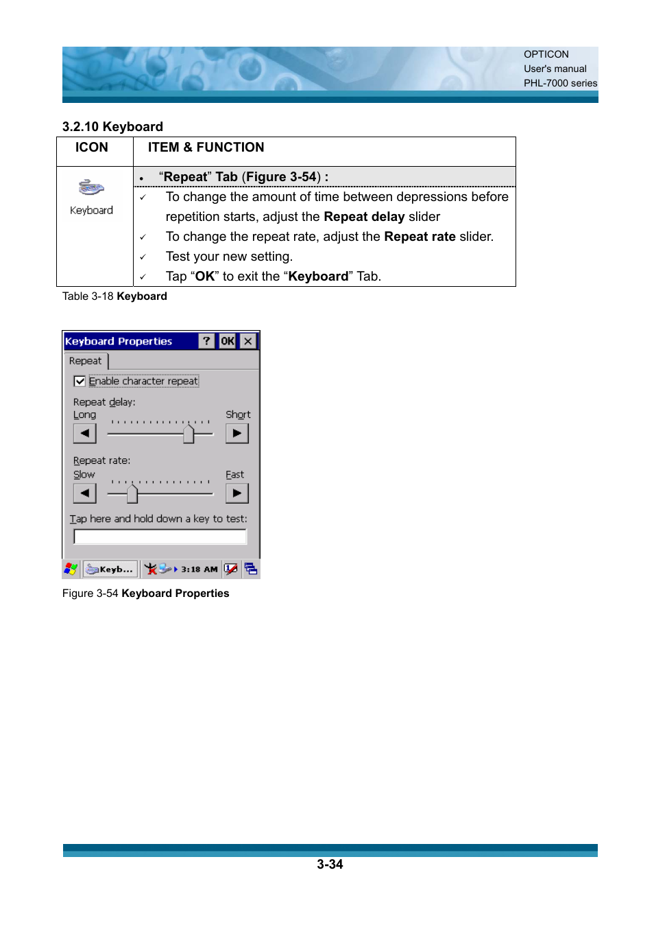 Item & function, Repeat ” tab ( figure 3-54 ), Test your new setting | Tap “ ok ” to exit the “ keyboard ” tab | Opticon PHL 7200 User Manual User Manual | Page 97 / 168