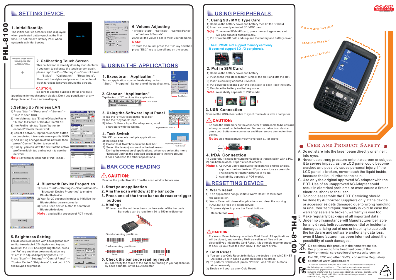 Phl- 00 81, Resetting device, Resetting device setting device setting device | Using the applications, Bar code reading, Using peripherals, Phl-8100, User and product safety | Opticon PHL 8100 User Manual | Page 2 / 2