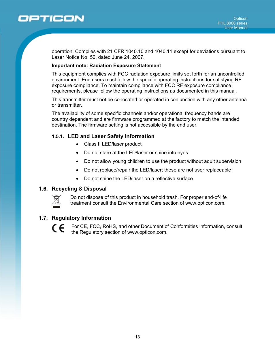 Opticon PHL 8000 User Manual | Page 13 / 113