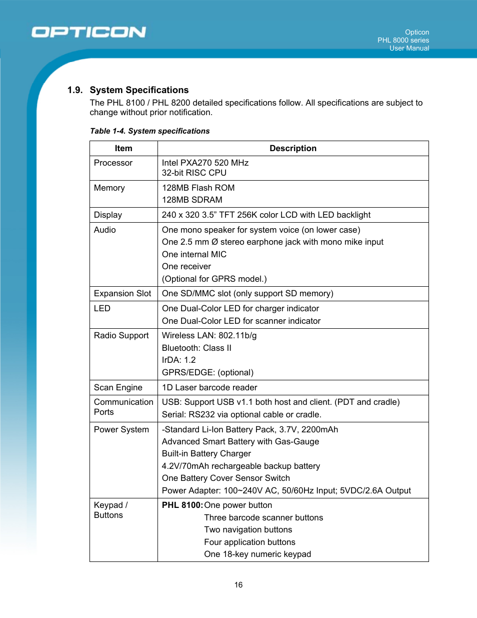 Opticon PHL 8000 User Manual | Page 16 / 113