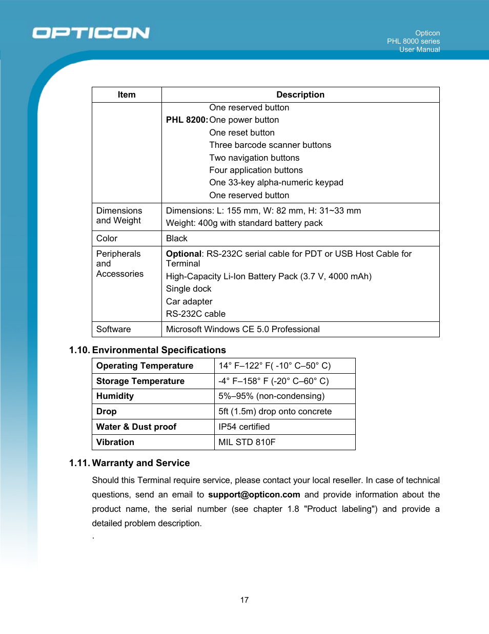 Opticon PHL 8000 User Manual | Page 17 / 113