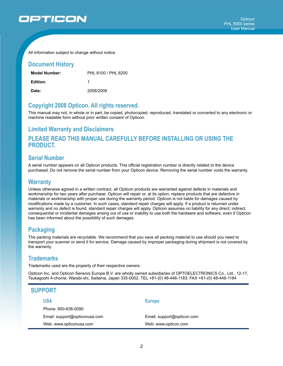 Document history, Copyright 2008 opticon. all rights reserved, Warranty | Packaging, Trademarks, Support | Opticon PHL 8000 User Manual | Page 2 / 113