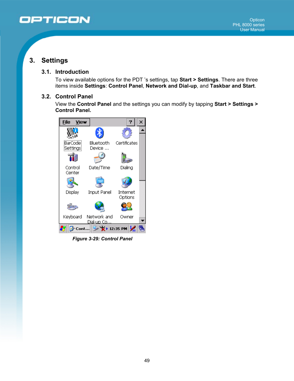 Settings | Opticon PHL 8000 User Manual | Page 49 / 113