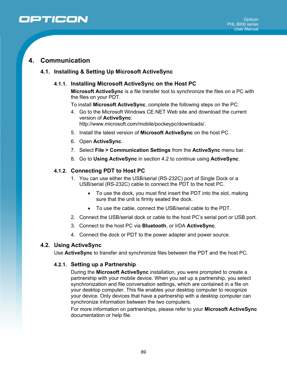 Communication | Opticon PHL 8000 User Manual | Page 89 / 113