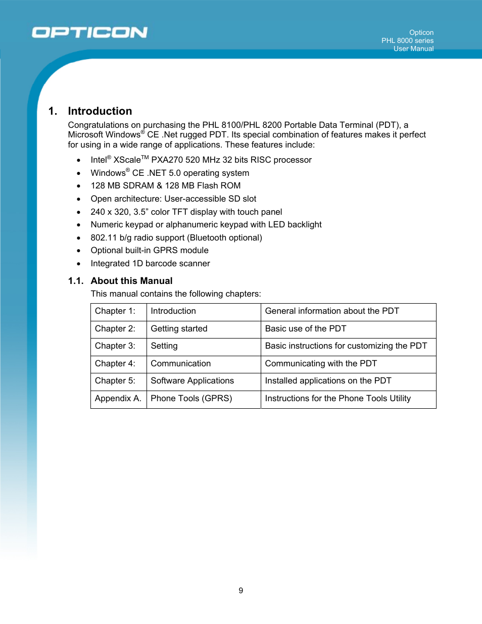 Introduction | Opticon PHL 8000 User Manual | Page 9 / 113