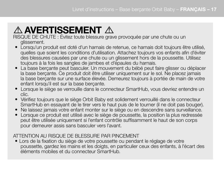Avertissement | Orbit Baby G3 Rocker Base User Manual | Page 17 / 56