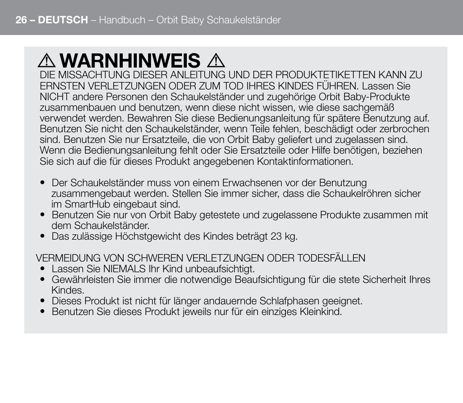 Warnhinweis | Orbit Baby G3 Rocker Base User Manual | Page 26 / 56