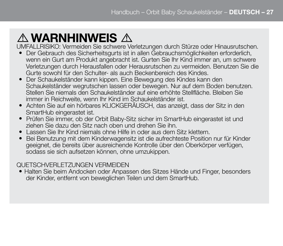 Warnhinweis | Orbit Baby G3 Rocker Base User Manual | Page 27 / 56