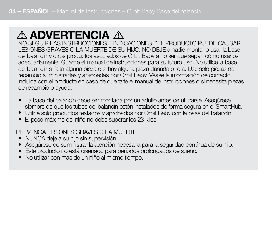 Advertencia | Orbit Baby G3 Rocker Base User Manual | Page 34 / 56