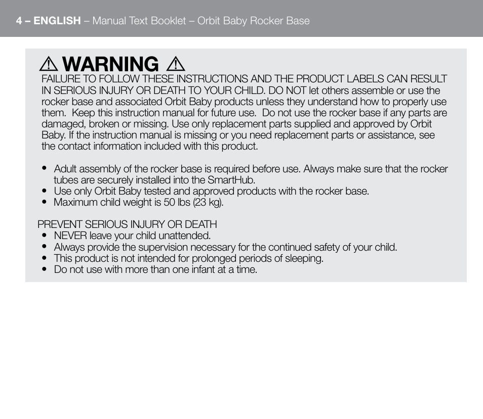 Warning | Orbit Baby G3 Rocker Base User Manual | Page 4 / 56
