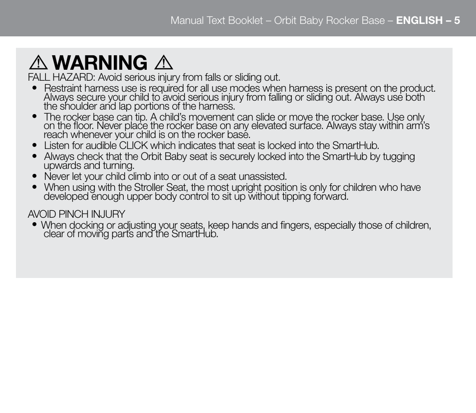 Warning | Orbit Baby G3 Rocker Base User Manual | Page 5 / 56