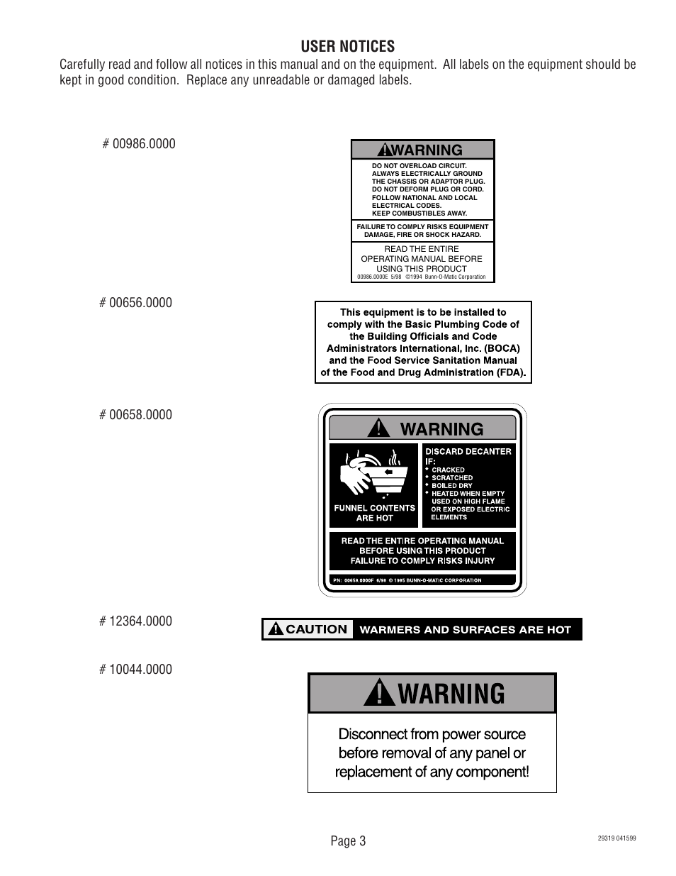 User notices, Warning | Bunn CDBC TWIN User Manual | Page 3 / 36