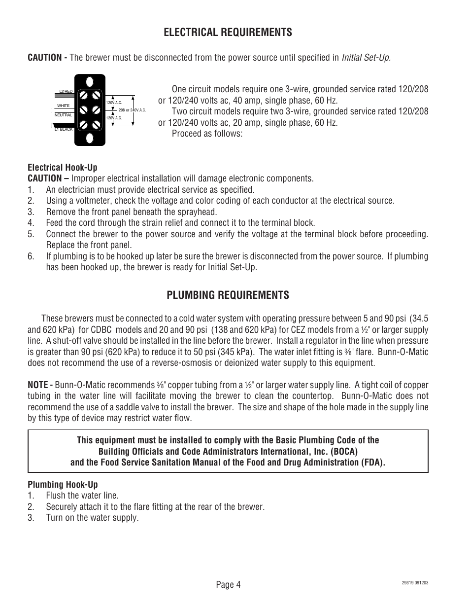 Electrical requirements, Plumbing requirements | Bunn CDBC TWIN User Manual | Page 4 / 36