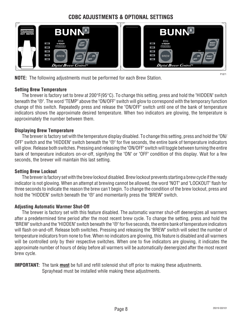 Cdbc adjustments & optional settings | Bunn CDBC TWIN User Manual | Page 8 / 36