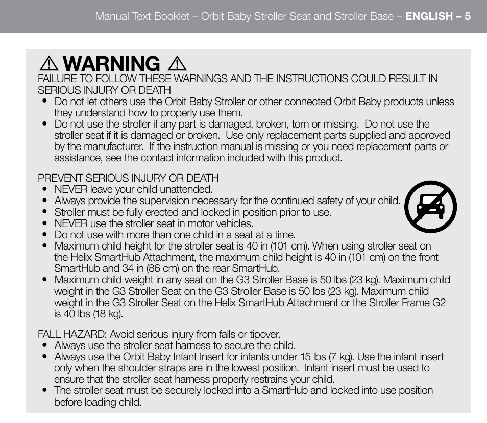 Warning | Orbit Baby G3 Stroller Base and Stroller Seat User Manual | Page 13 / 32