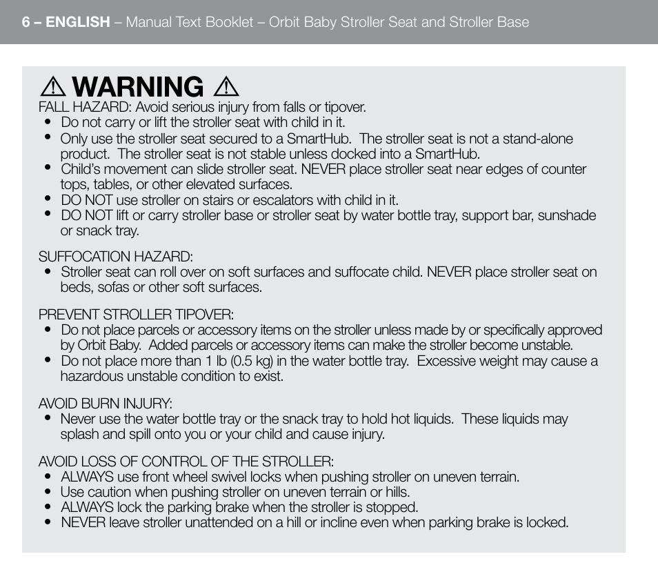 Warning | Orbit Baby G3 Stroller Base and Stroller Seat User Manual | Page 14 / 32