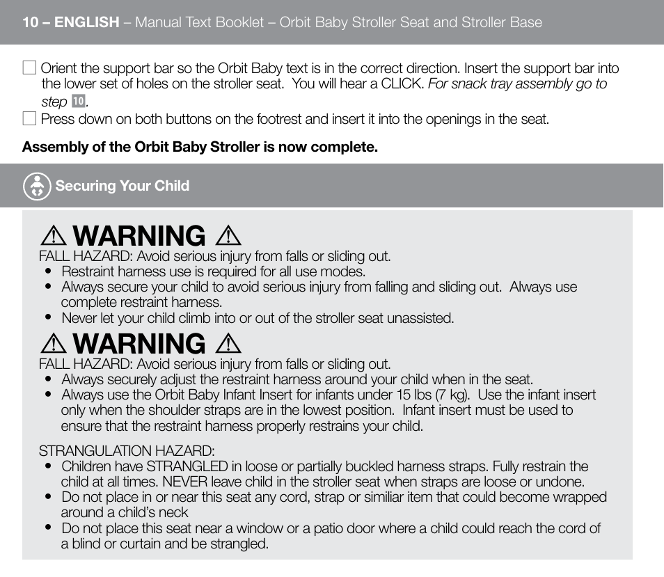 Warning | Orbit Baby G3 Stroller Base and Stroller Seat User Manual | Page 18 / 32