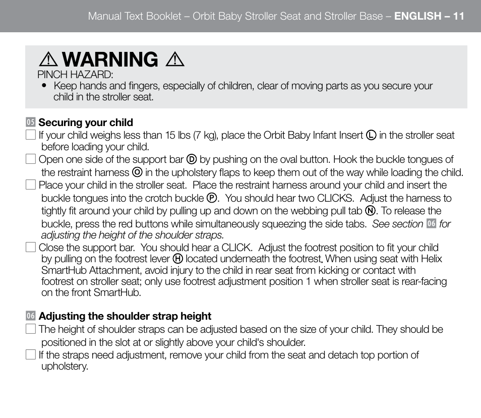 Warning | Orbit Baby G3 Stroller Base and Stroller Seat User Manual | Page 19 / 32