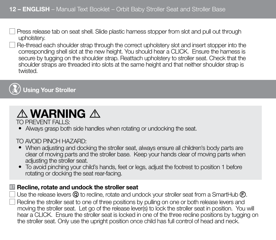 Warning | Orbit Baby G3 Stroller Base and Stroller Seat User Manual | Page 20 / 32
