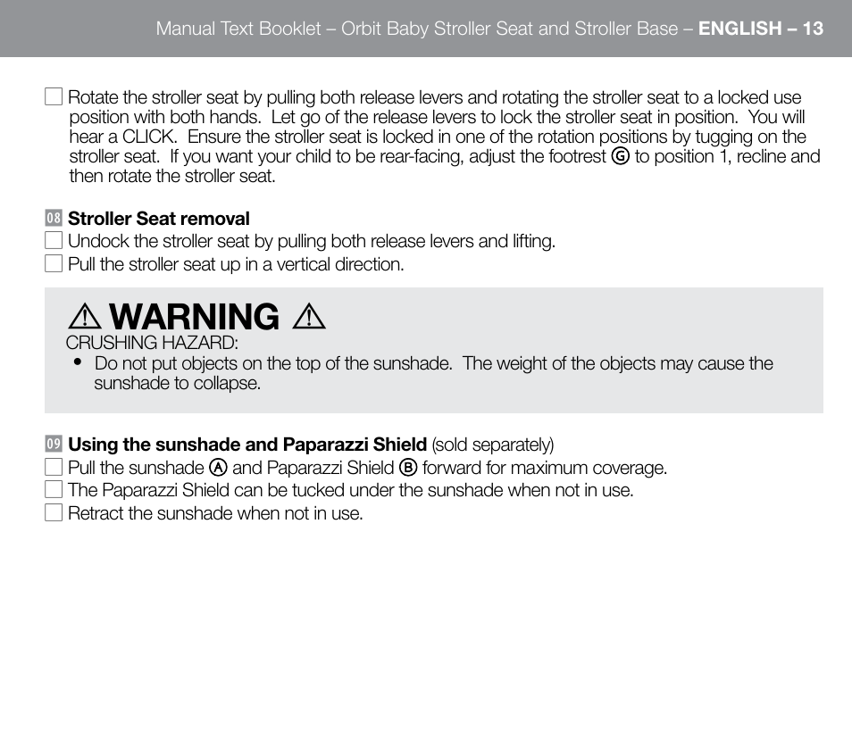Warning | Orbit Baby G3 Stroller Base and Stroller Seat User Manual | Page 21 / 32