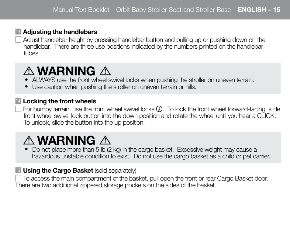 Warning | Orbit Baby G3 Stroller Base and Stroller Seat User Manual | Page 23 / 32